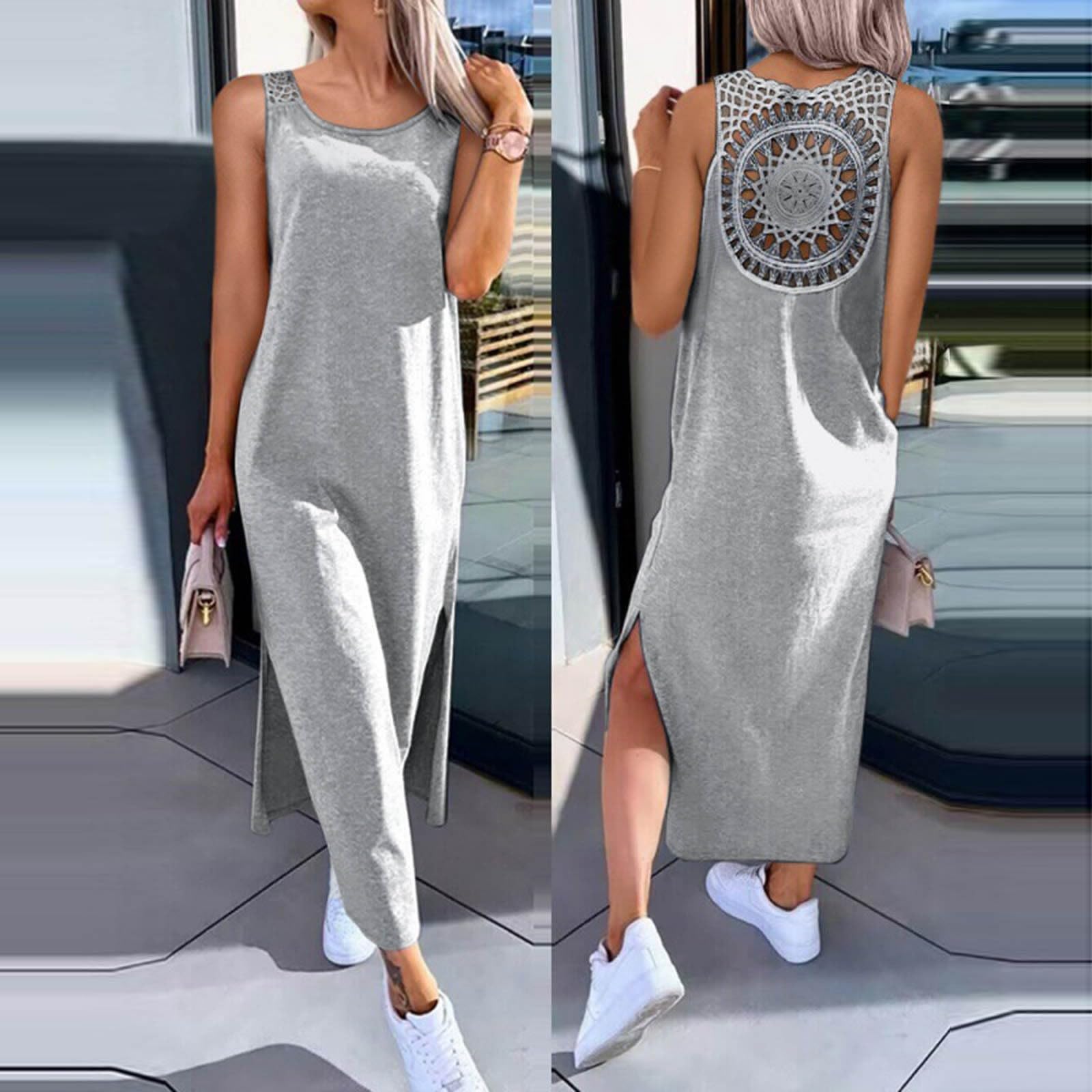 Vestido De Verano for Mujer Largo Vestidos Largos Sueltos Ocasionales Traje Playa 2026 Resort for Sin Mangas Ahueca hacia Fuera El Tiras con Abertura Lateral Encaje