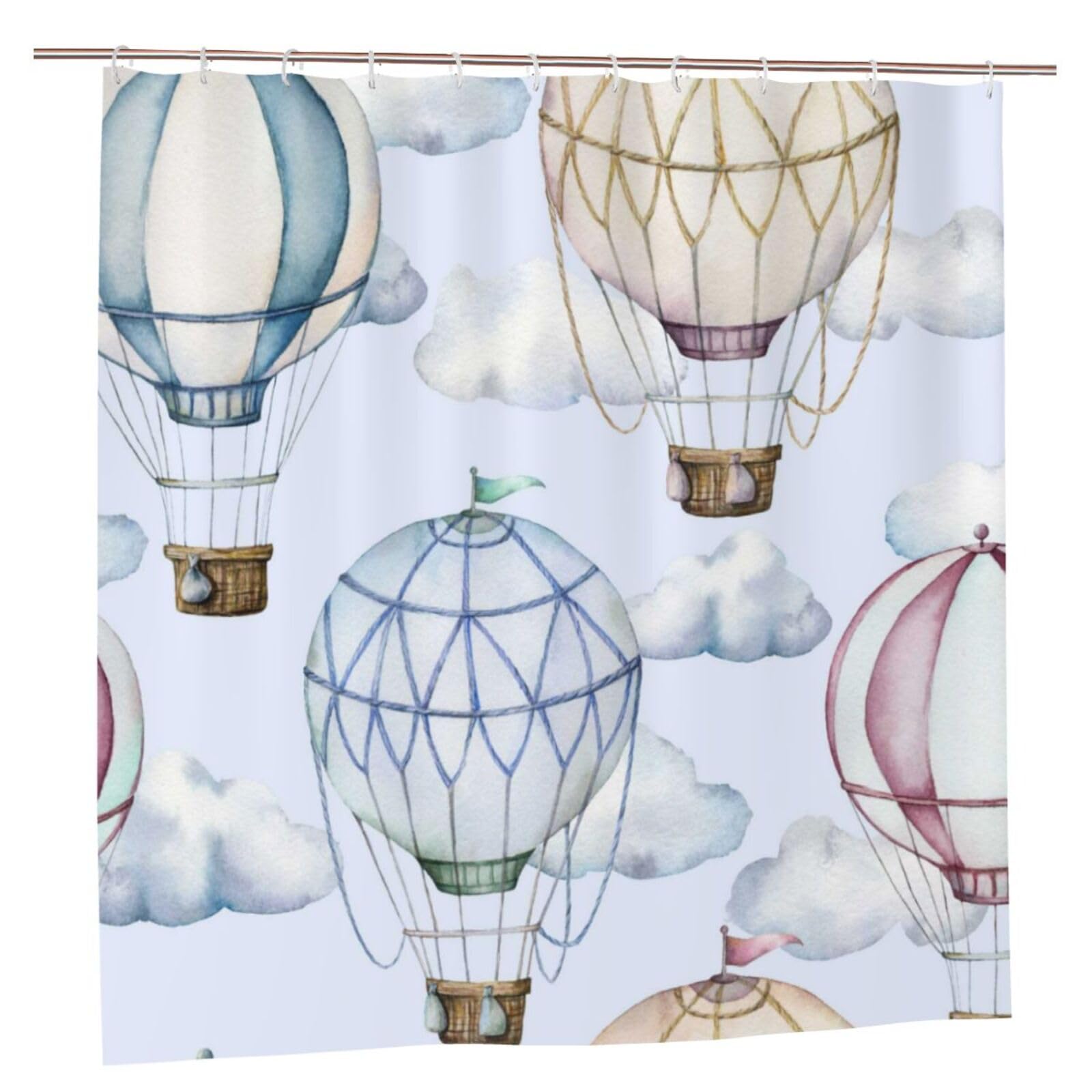 Oudrspo Polyester Fabric Shower Curtain - 70x70 Inch with Metal Grommets, Artistic Privacy Design, Watercolor Seamless Pattern with Hot Air Balloons and Clouds