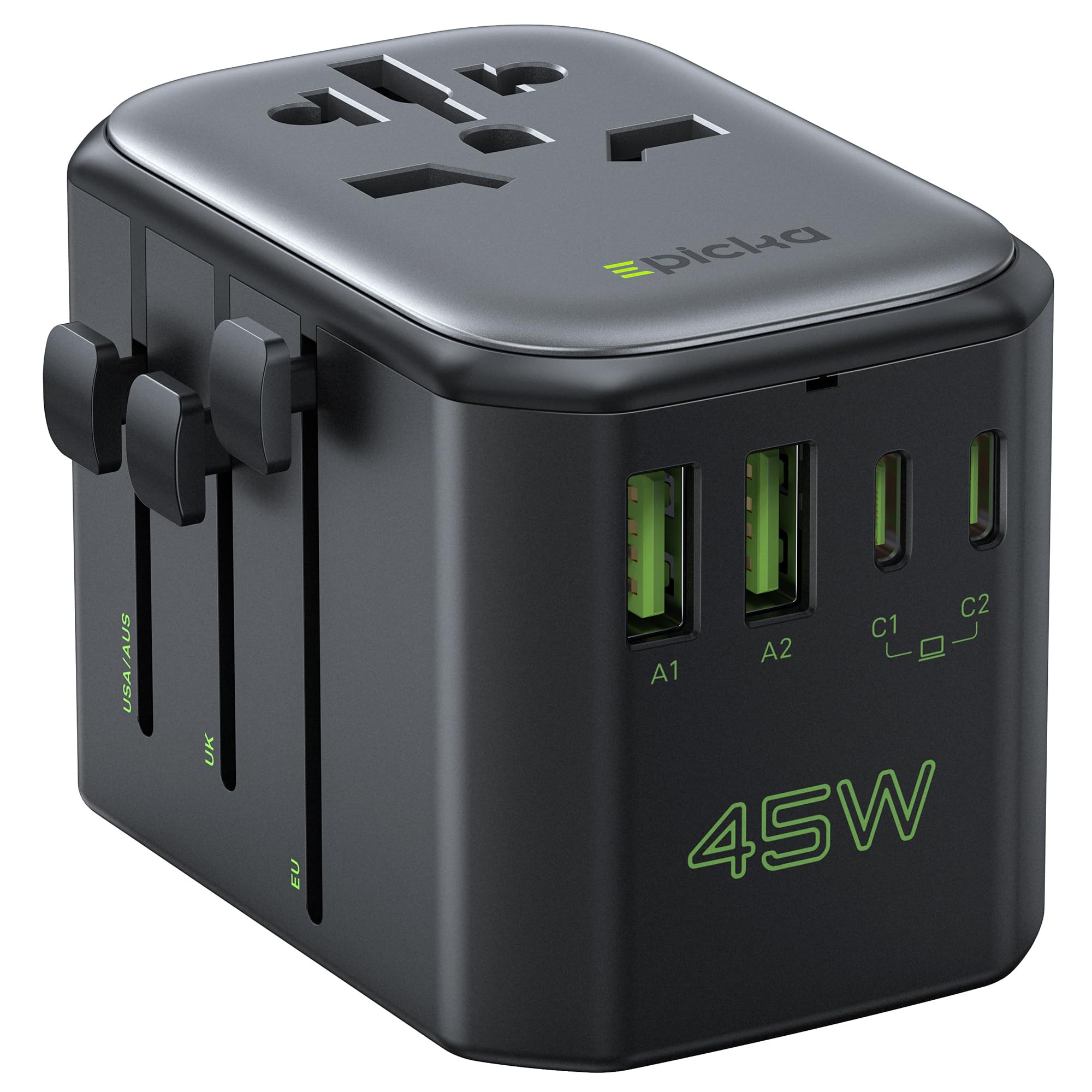 EPICKA Adaptateur Prise Universelle de Voyage, Prise Universelle Voyage 30W, Adaptateur Universel de Voyage avec 2 USB et 3 USB C, Adaptateur International vers USA Japon Canada UK Francais, Blanc