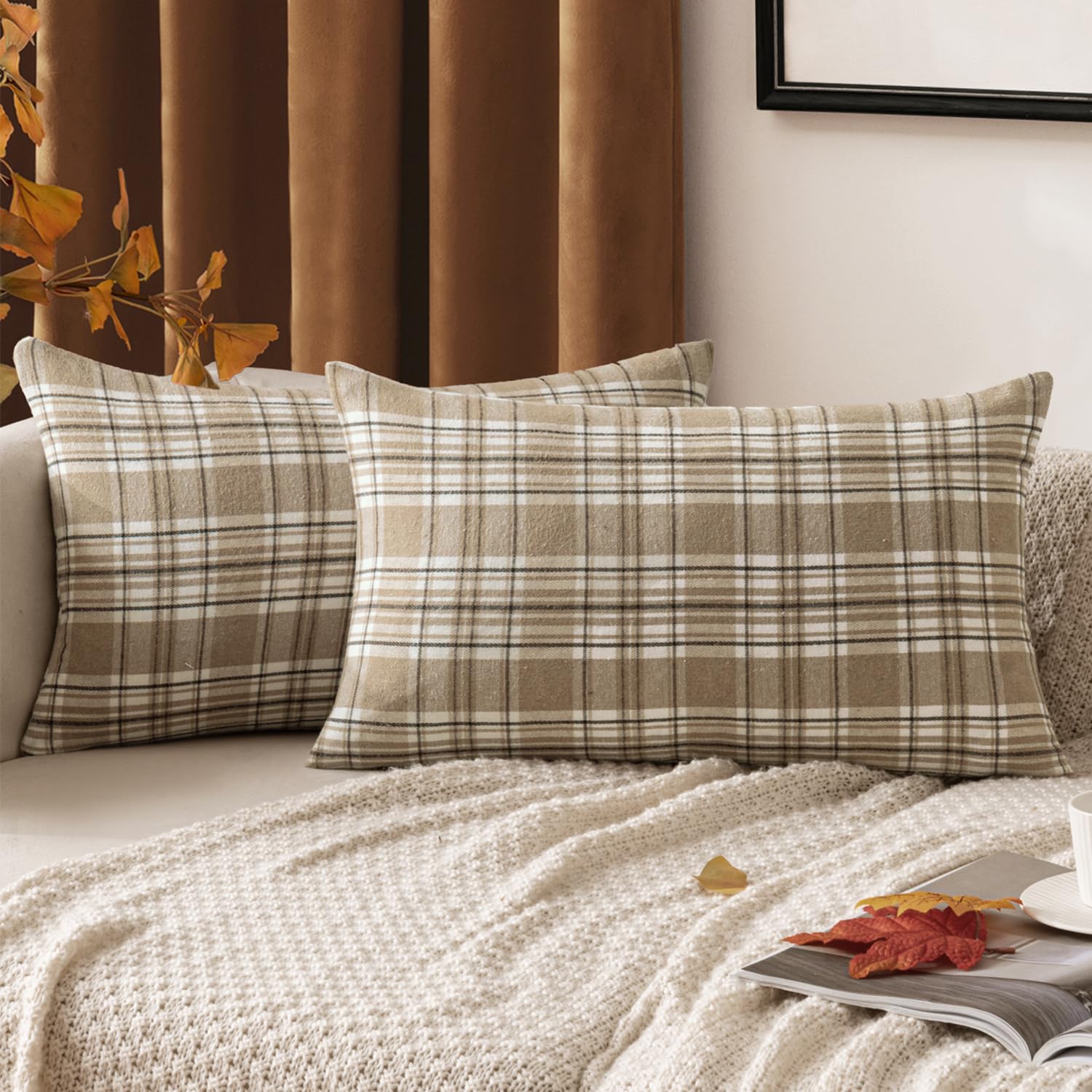 MIULEE Fall Plaid Pillow Covers Scottish Tartan 12x20 Neutral Khaki | Set of 2 Fall Decorations Lumbar Cushion Covers, Farmhouse Winter Home Decor, for Thanksgiving Sofa Couch Bed Living Room