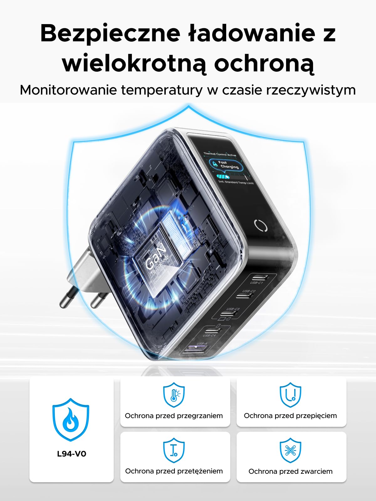 UGREEN Nexode Pro Ładowarka USB-C 100W, inteligentny wyświetlacz, 5 portami | Stan ładowania w czasie rzeczywistym, sterowanie dotykowe, kompatybilna z MacBook Pro/Air/Neo, iPad, iPhone 17, Galaxy S26