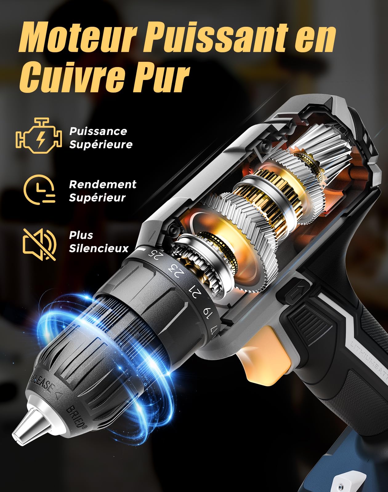 Perceuse Visseuse Sans Fil, 20V Visseuse Devisseuse Sans Fil, 25+1 Réglages de Couple, Perceuse-visseuse Max 42Nm Visseuse, LED, jeu de 56 Accessoires pour l'Entretien et le Bricolage, Gris