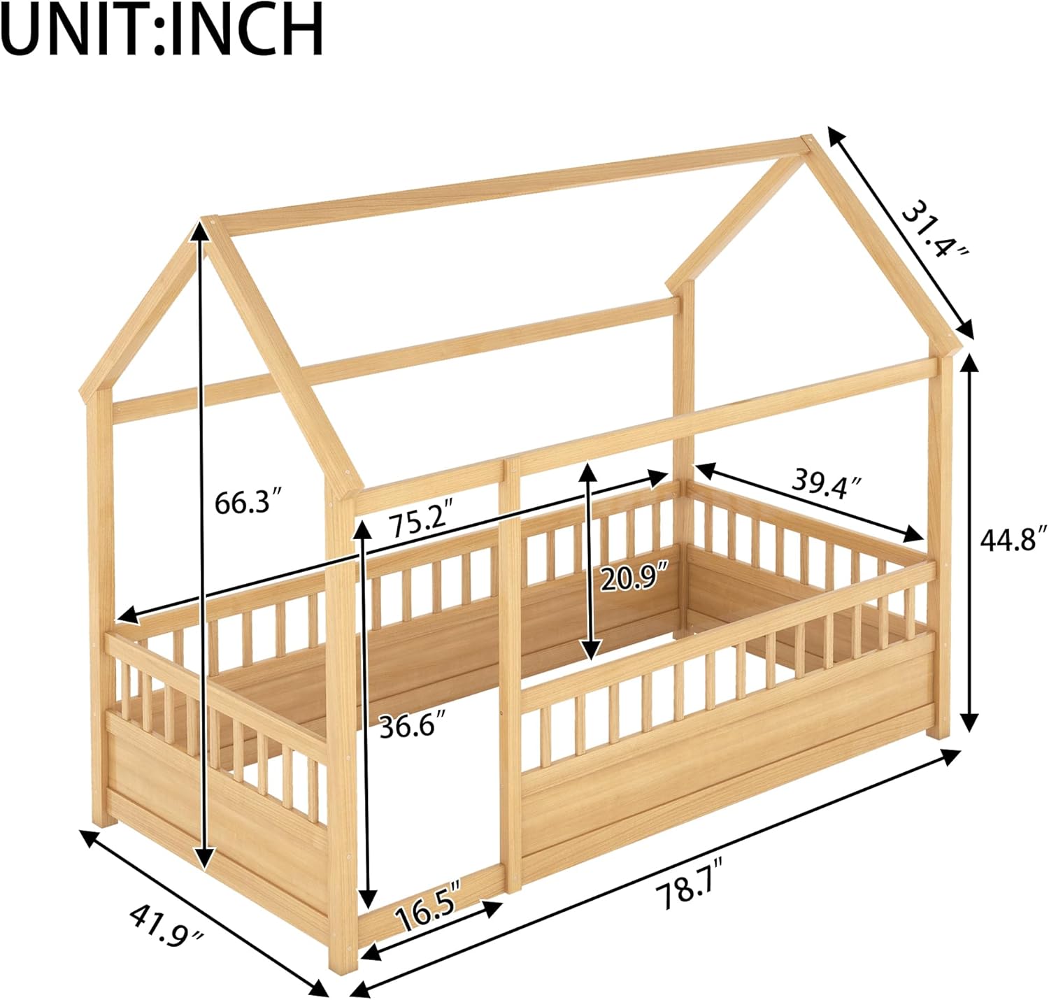 Bellemave Montessori Bed Twin Size, Twin Floor Bed with High Fence, House Beds for Kids, Girls, Boys, Kids Montessori Floor Beds Without Slats, Natural