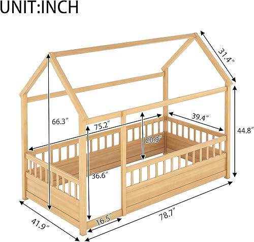 Miniatura 111 de Bellemave Cama Montessori de madera con valla y techo para niños, marco de cama individual para niños, niñas (individual, blanco)