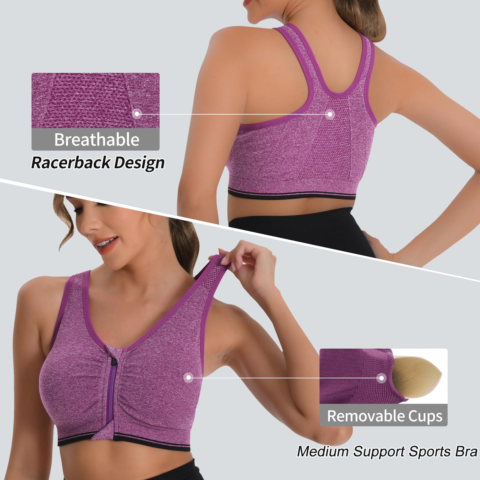 Sujetador Deportivo Mujer Racerback Cremallera Frontal Impacto Medio Sport Bra con Relleno 2 Pack