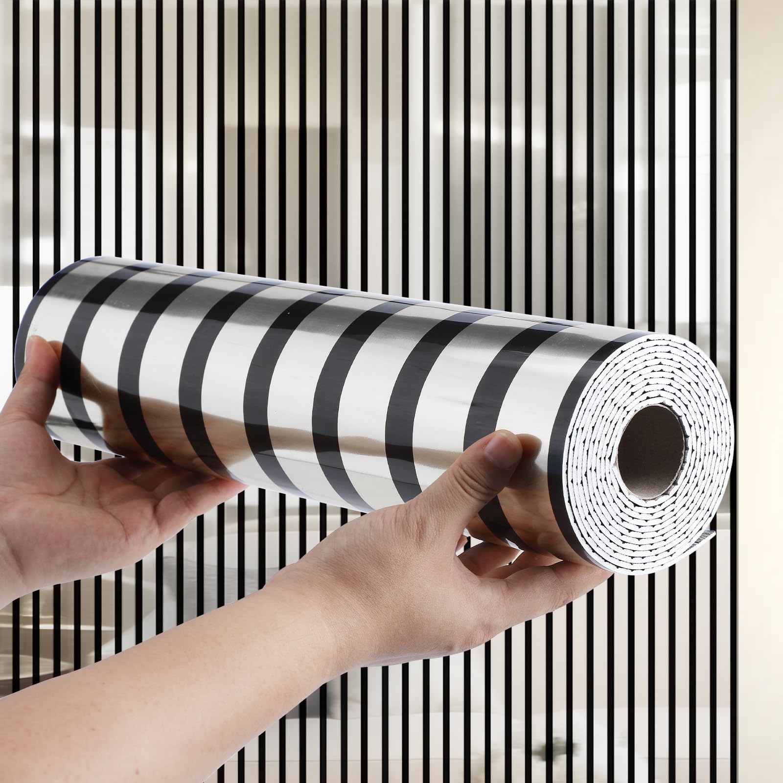 Silver Mirror Stripe Self Adhesive Wallpaper Peel and Stick Wallpaper For Living Room Bedroom, 2.2mm Thick Thermal Waterproof Removable Sticky Back Plastic Roll Insulating Wall Paper Roll 40x300cm