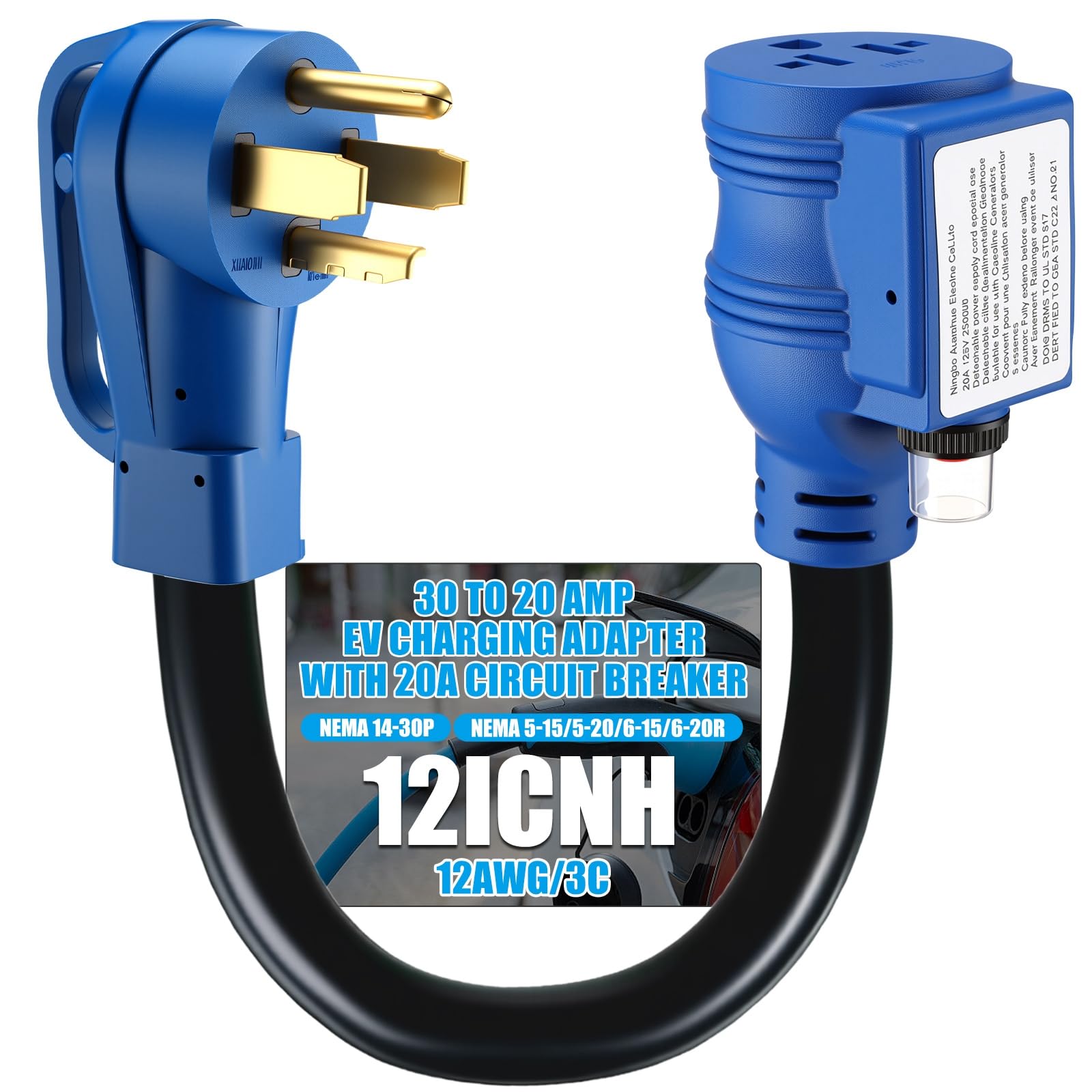 Photo 1 of Kanayu Overload Protection NEMA 14-30P to 6-20/15R 5-20/15R EV Charging Adapter with 20A Circuit Breaker, 30A 240V Dryer Plug to Home Outlet T Blade, Not 110V, 1ft, ETL Listed