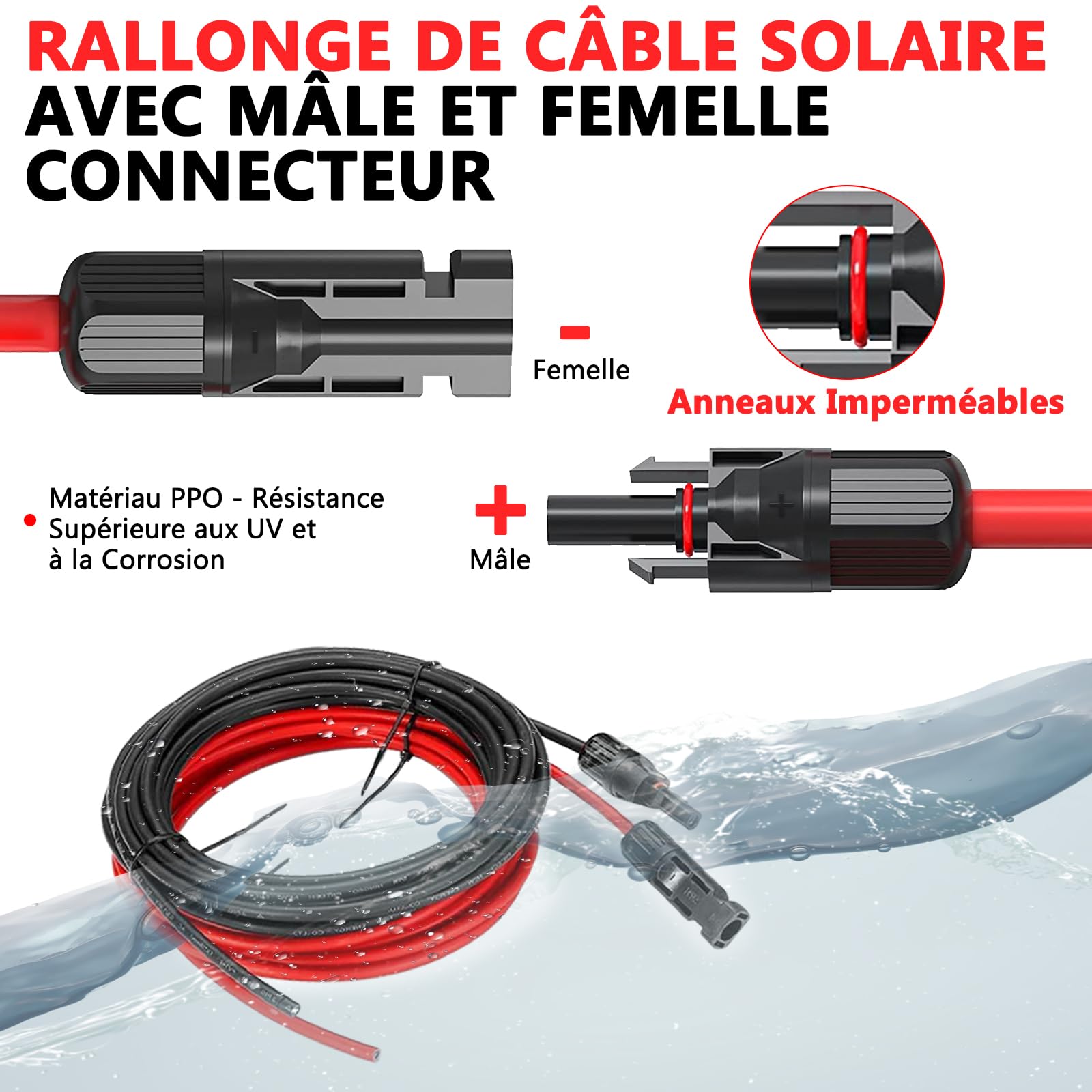 Oududianzi Cable Solaire 6mm2 5m, Rallonge Cable Panneau Solaire 1/2/3/5/8/10/15/20/30m, Étanche IP68 Câble Photovoltaïque avec Connecteurs Mâles et Femelles pour Panneaux Solaires (6mm² 5m)