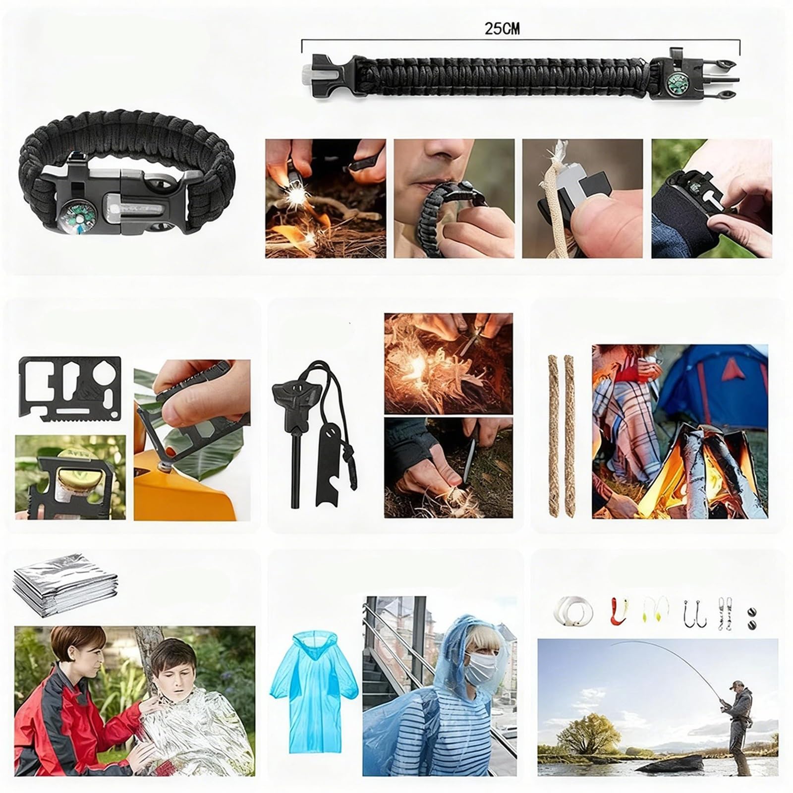 Überlebensset, 210-teiliges Taktisches Überlebenswerkzeug-Set mit Notfalltasche, Erste-Hilfe-Set und Tasche für Bergsteiger- und Angelausrüstung für Erdbeben, Flucht und Outdoor-Abenteuer