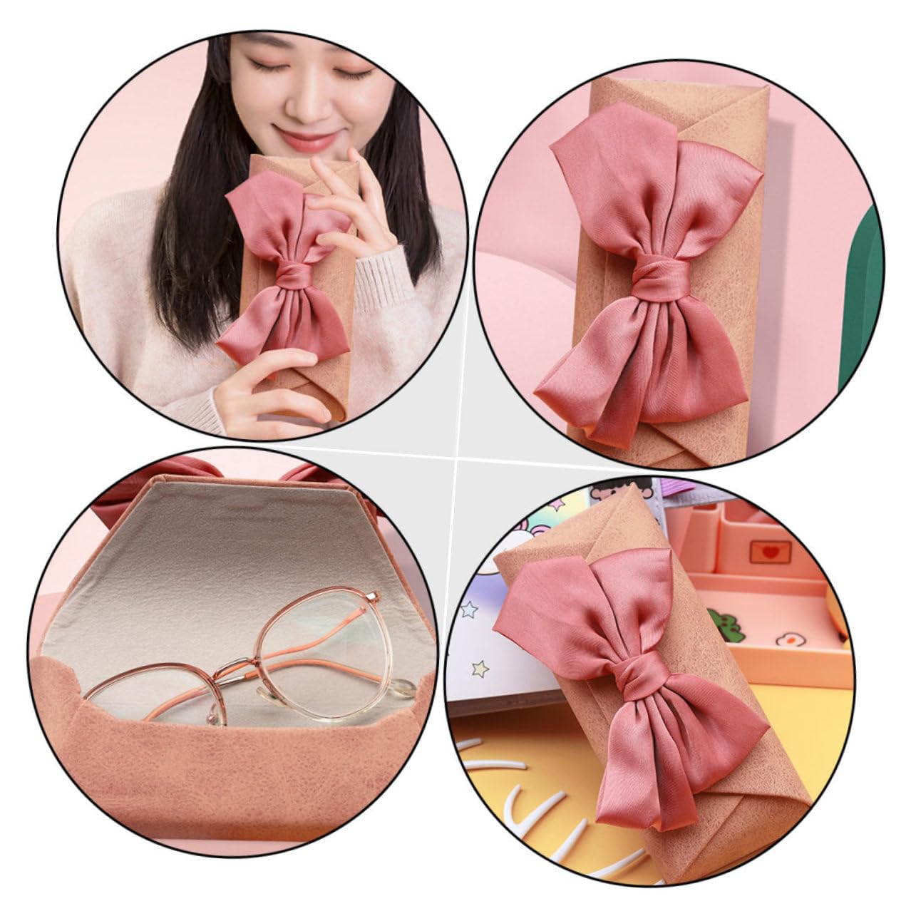 GALPADA 4pezzi Eleganti Scatole Per Occhiali Con Fiocco Custodie Portaocchiali Resistenti e Compatte Per Studenti Rosa