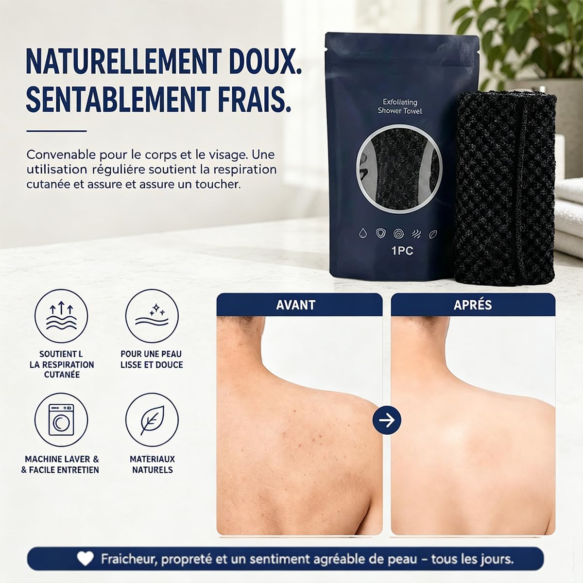 Serviette De Douche Exfoliante Ecovia, Exfoliation Douce, Serviette Exfoliante Douche, Homme Femme, Douce Corps et Visage, Pour Les Voyages Et Les Soins Corporels Quotidiens (Noir+rose+bleu)