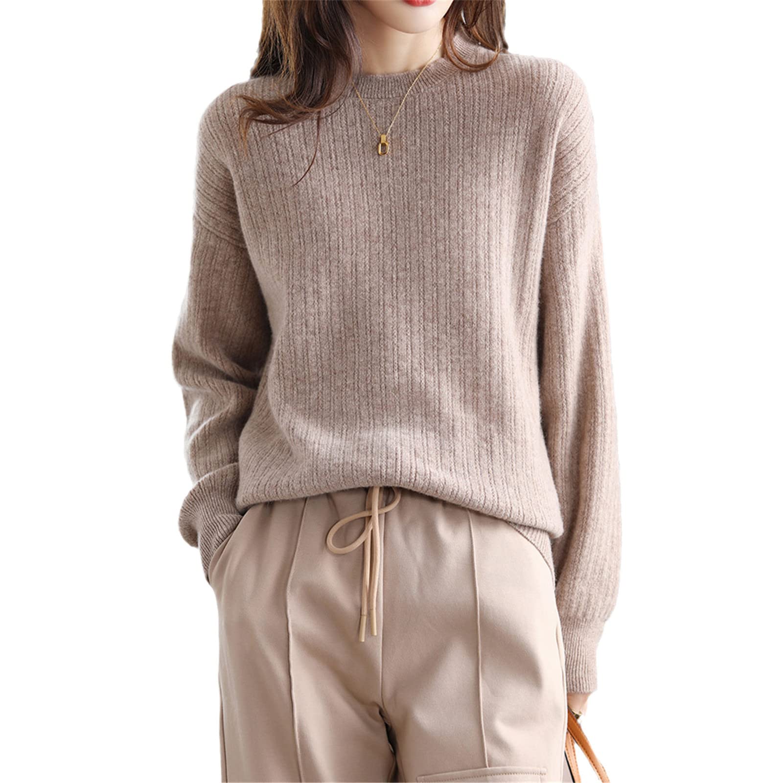 Kelsiop Suéter de cachemira 100% lana merino para mujer, cuello redondo, suéter de punto casual, chaqueta de otoño e invierno