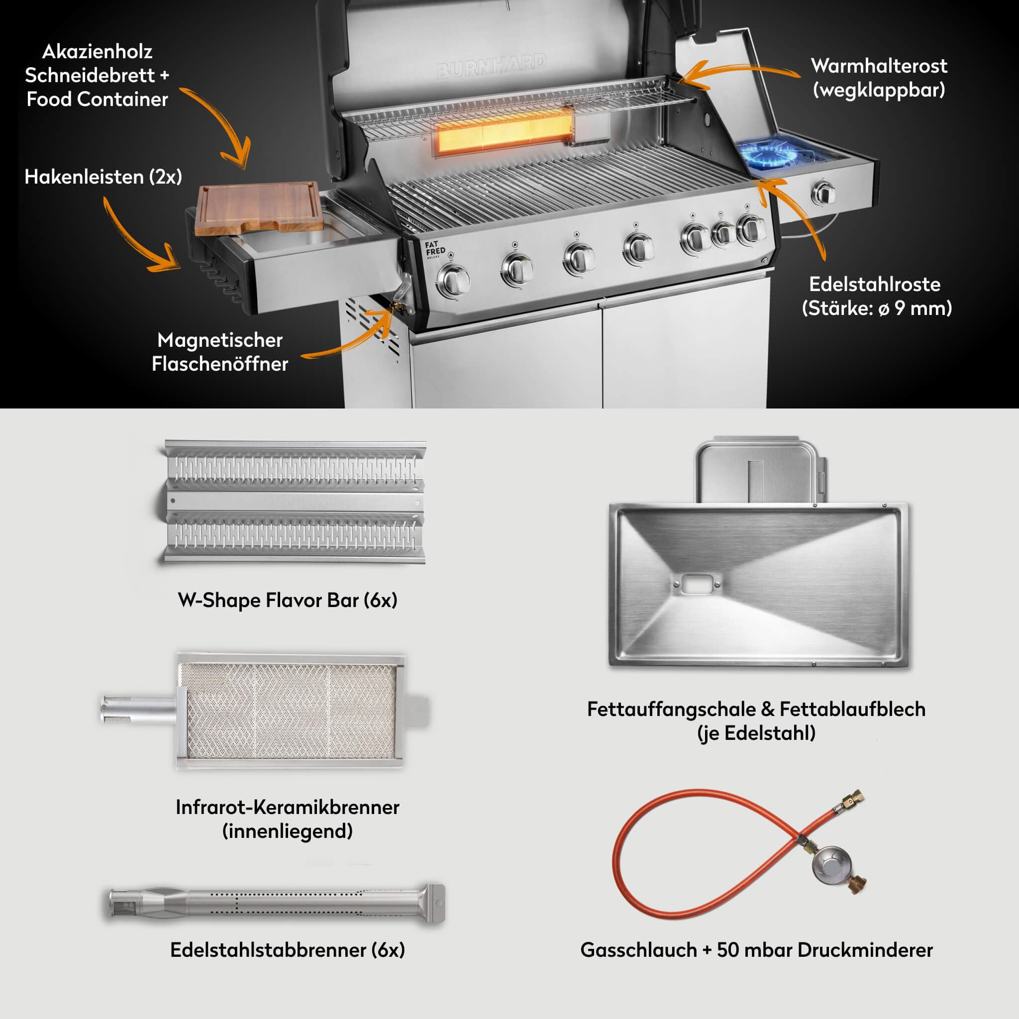 BURNHARD® Gasgrill 6-Brenner, 3,5 kW Edelstahl-Stabbrenner, Infrarot-Keramikbrenner, Heckbrenner, Seitenkochfeld, Edelstahlrost, große Grillfläche, Piezo-Zündung – Fat FRED Deluxe