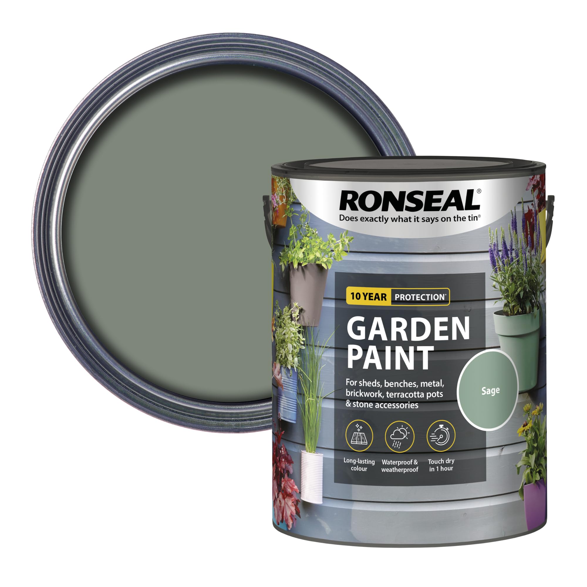Ronseal Garden Paint in sage green, 5 litre tin, suitable for adding colour to wood, brick, terracotta and metal surfaces in outdoor garden environments.