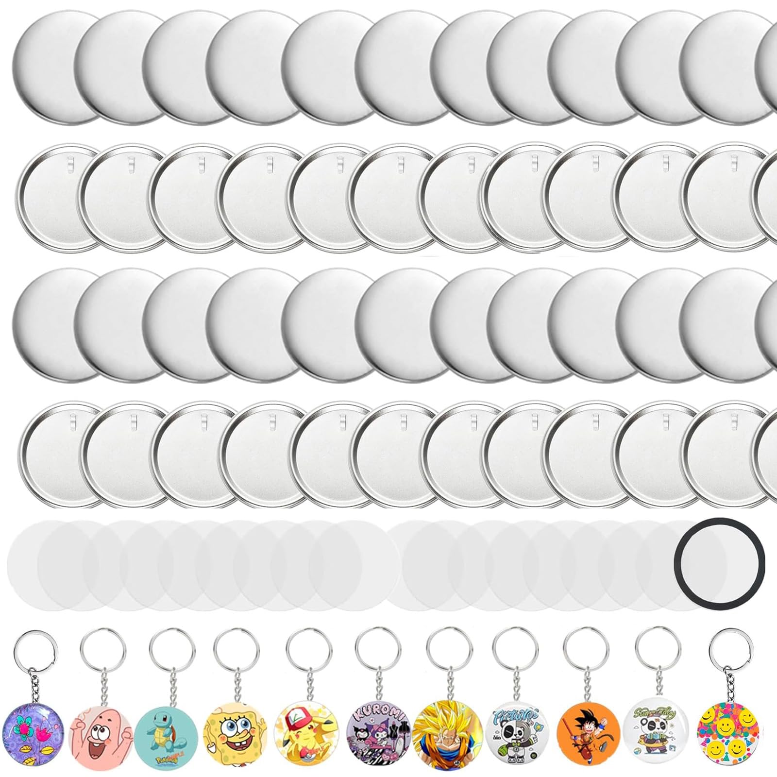 150 Sets 58mm/2.25 inch Button Maker Keychains Supplies - Metal Badge Sets with Metal Shell Back Cover, Transparent Film and Chain Head
