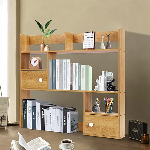 Miniatura 5 de Kreiaoer Organizador de escritorio de madera, mini estantes de escritorio de oficina, almacenamiento de escritorio expandible, estantería de