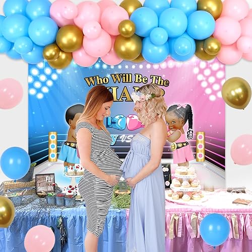Miniatura 6 de Decoraciones de fiesta temática de boxeo, guirnalda de globos de revelación de género para bebé con globos de papel de aluminio, telón de fondo,