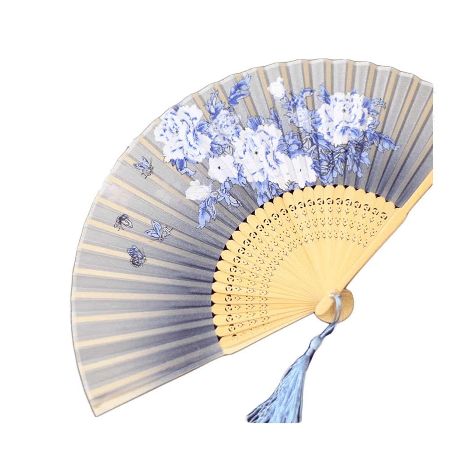 Folding Fans Silk Fabric Folding Fans Hand Fan with Tassels Exquisite Patterns Fans for Wedding Party Props Decoration Decorative(Color:Roze) (Light Blauw one size)