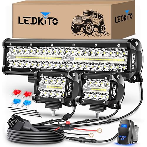 12 Inch LED Light Bar and 2PCS 4 Inch LED Pods with Rocker Switch 3 Lead Wiring Harness Kit Triple Row Off Road Lights bar Spot Flood Combo Light Bar for UTV Truck Tractor Boat