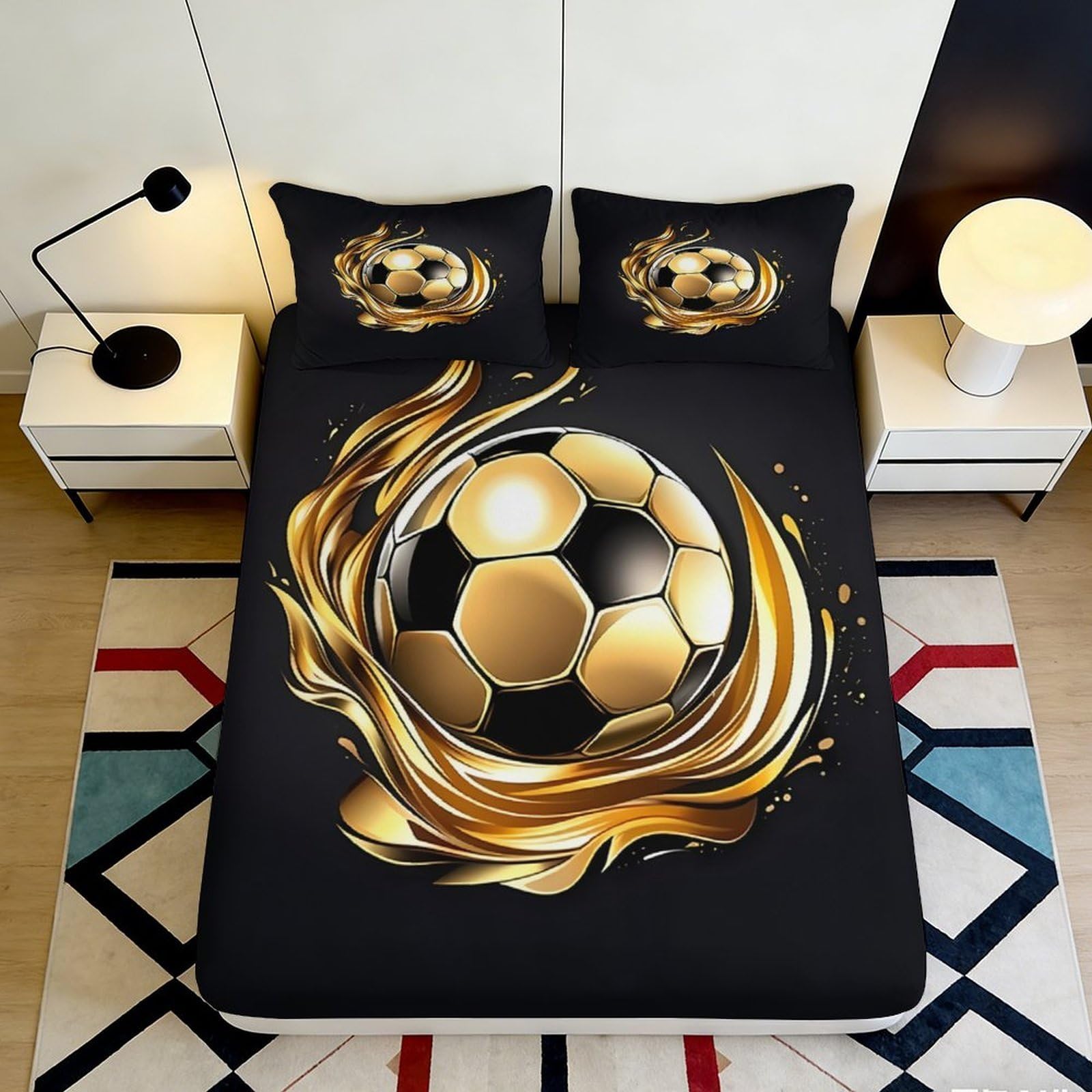 Jqzkxnhpbr Style-4 3D Printed Gold Soccer Fitted Sheet Microfiber Black Bed Cover For Bedroom Dorm Easy Care Non-Slip Mattress Protector 90X200x25cm