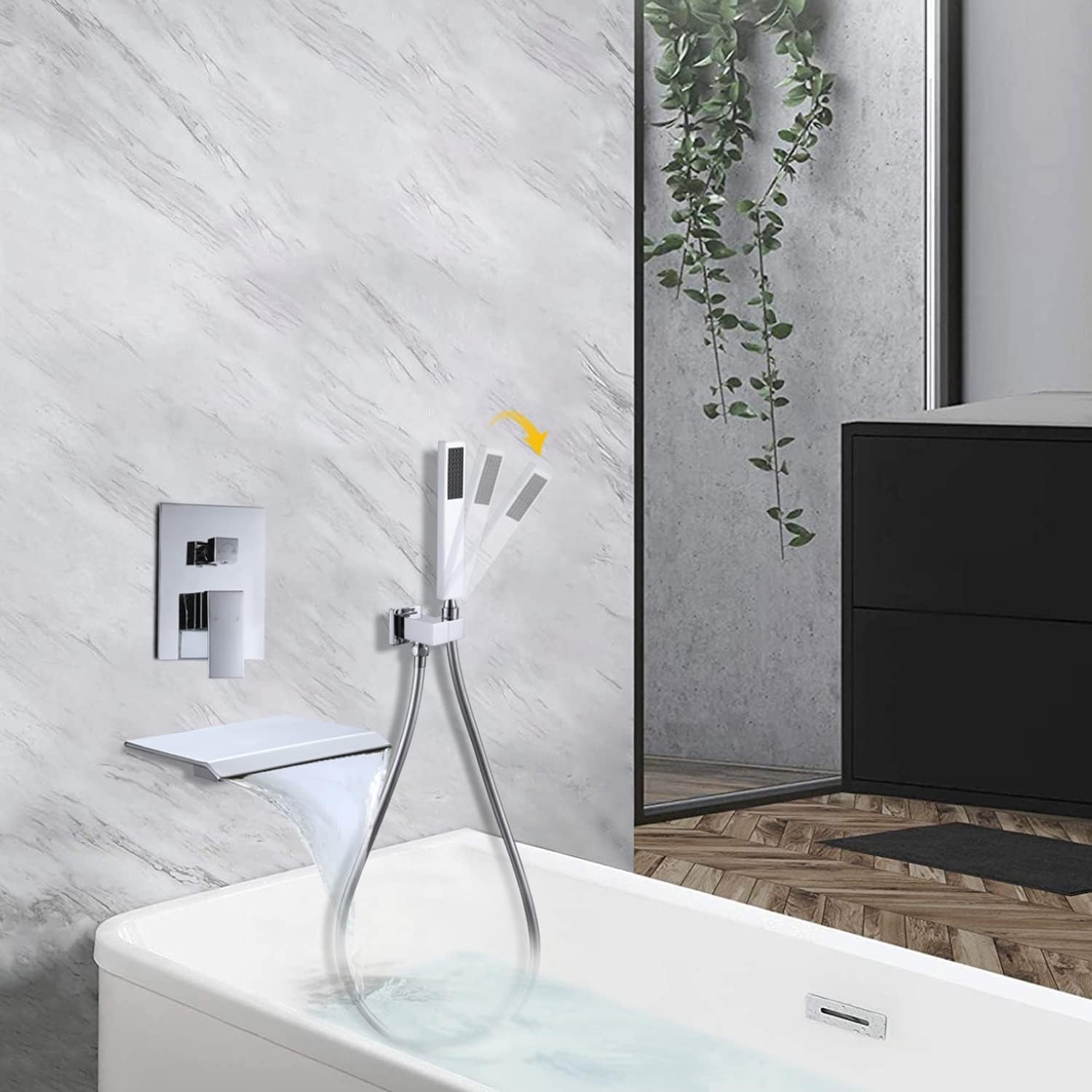 Wall Mounted Waterfall Roman Tub Filler Faucet with Hand Shower Bathtub Filler with Waterfall Spout Wall Mounted Single Handle Widespread Waterfall Lavatory Tub Faucet, Chrome