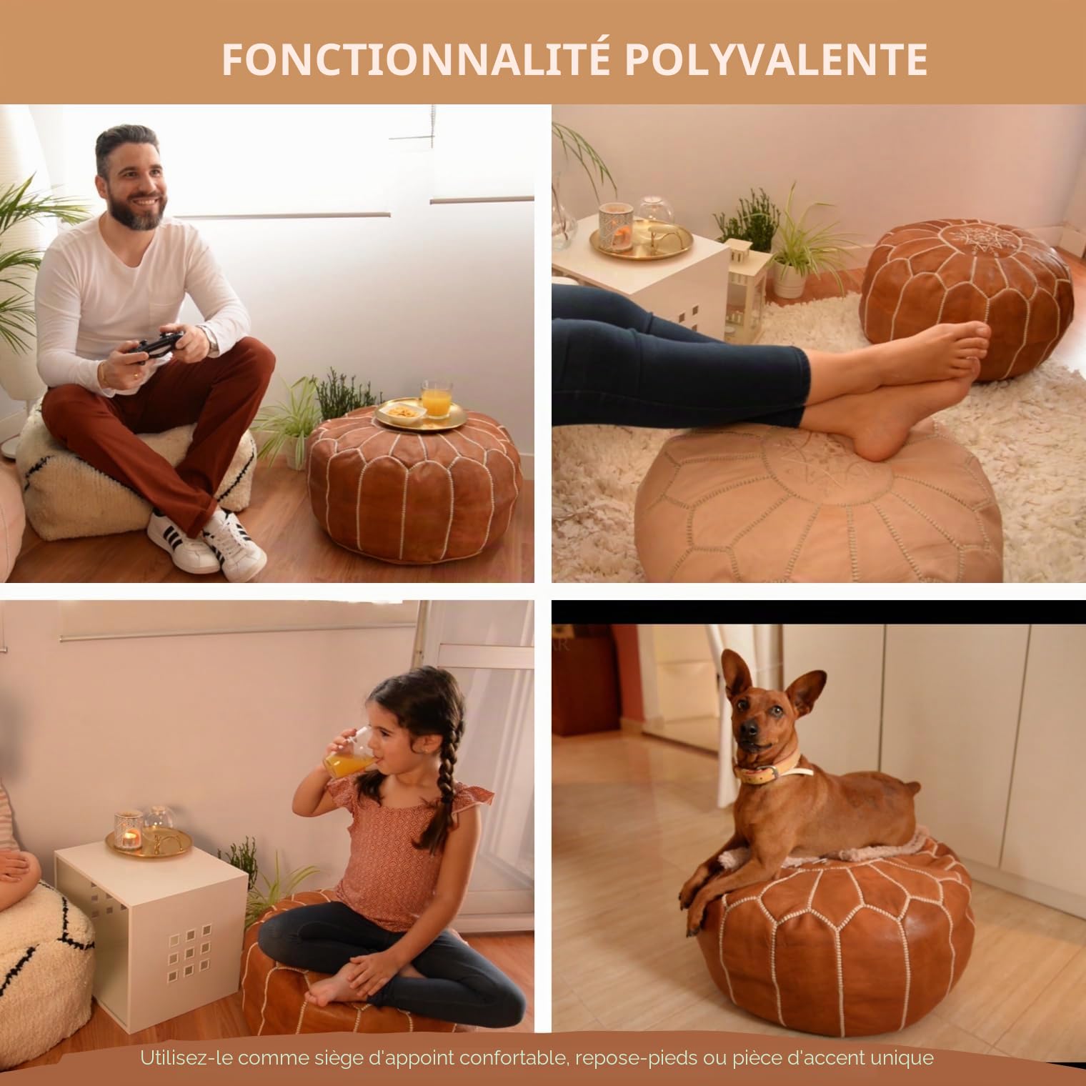 marocain poufs Cuir Luxe Ottomans Repose-Pieds Tan Non