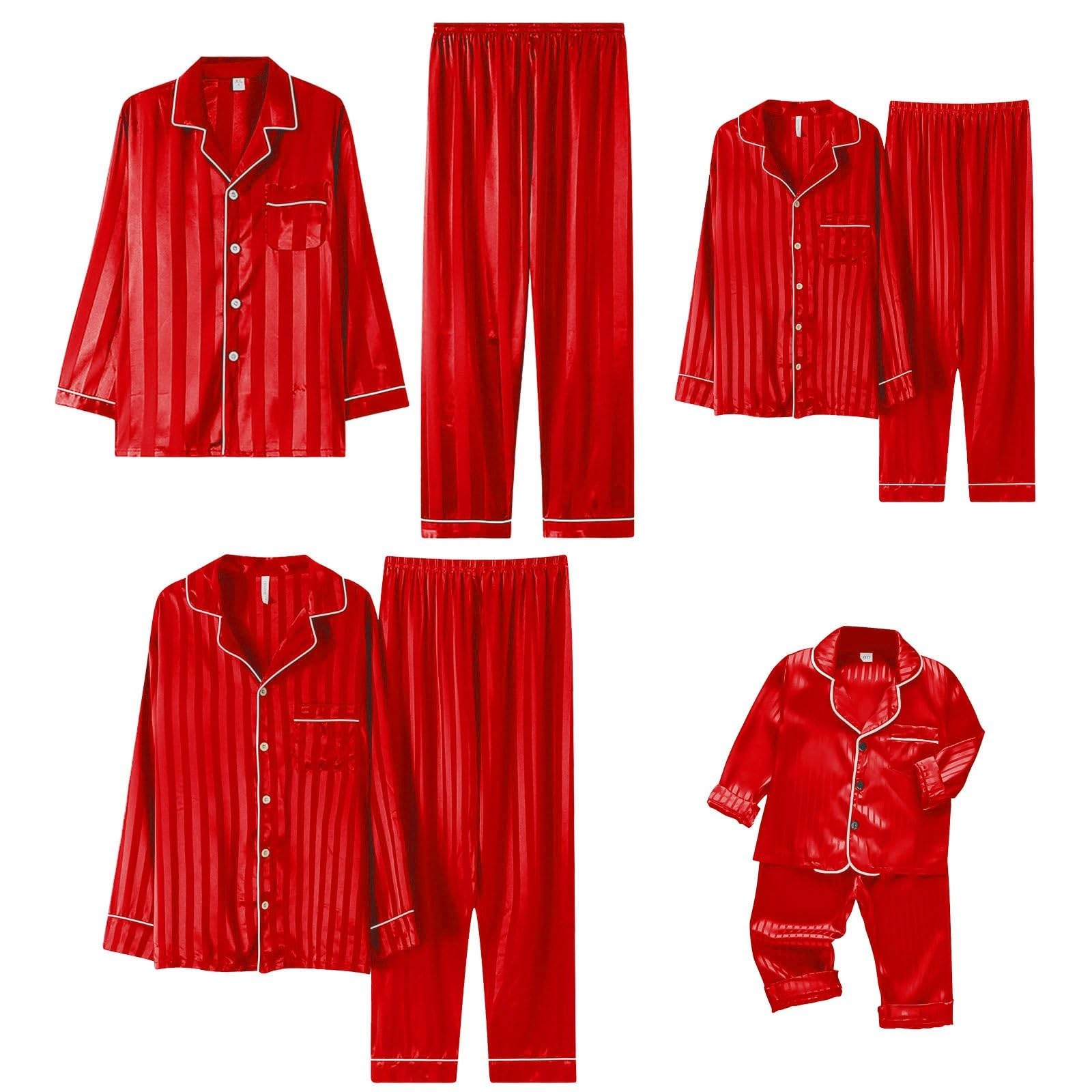 CGGMVCG Silk Satin Christmas Outfits for Family Striped Button Down Shirt and Pants Xmas Clothes Matching Sets (Red, 13-14)
