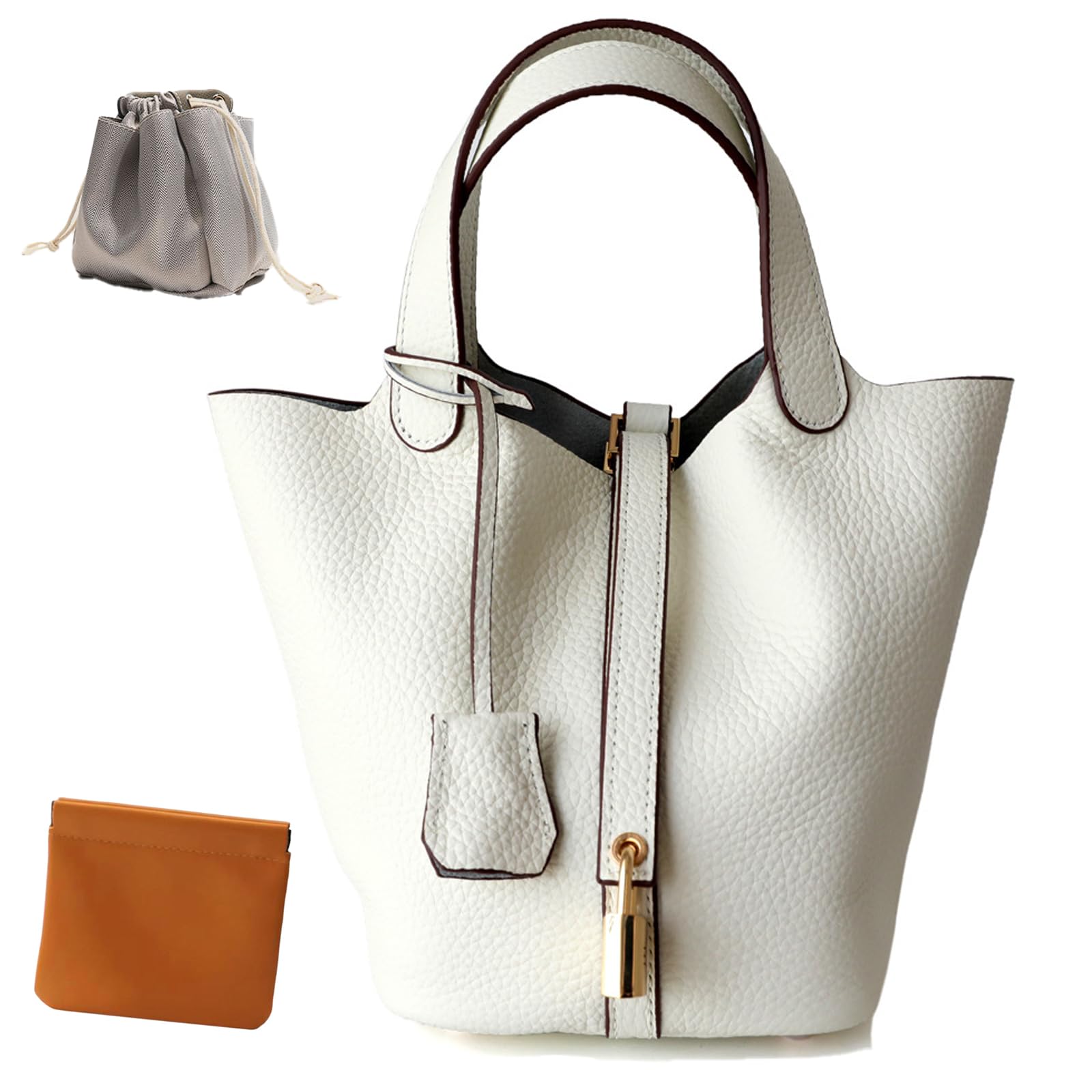 GenericGenuine Leather Lock Design Bucket Bag Vegetable Basket, Fashionable and Versatile Satchel Handbag