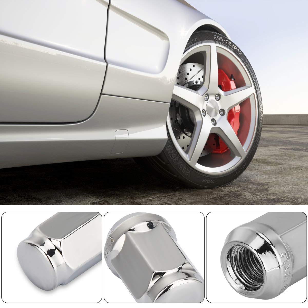 Super Brands Wheel Lock Nuts - HONGNAL 21133HT Bulge Acorn Closed End Seat Lug Nuts M12 x 1.50 - Pack of 20 Car Chrome Wheel Lug Nut Set with Key - Silver