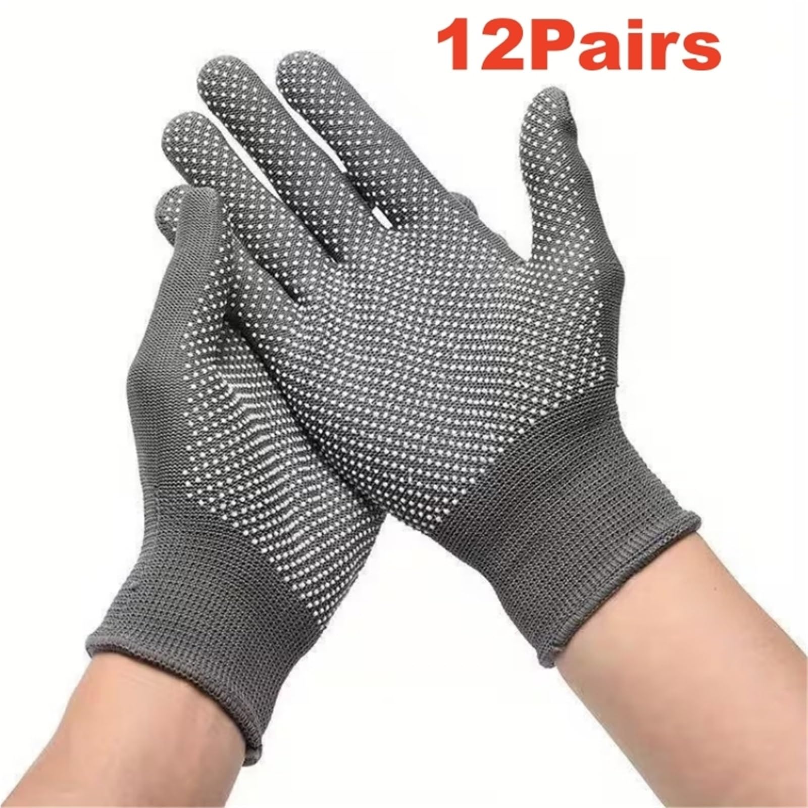 Guanti Da Lavoro Antiscivolo Guanti da lavoro di sicurezza in nylon lavorato a maglia con punti antiscivolo 4/12/24 pezzi for uomo giardinaggio pesca grigliate barbecue(Grey 12Pairs)