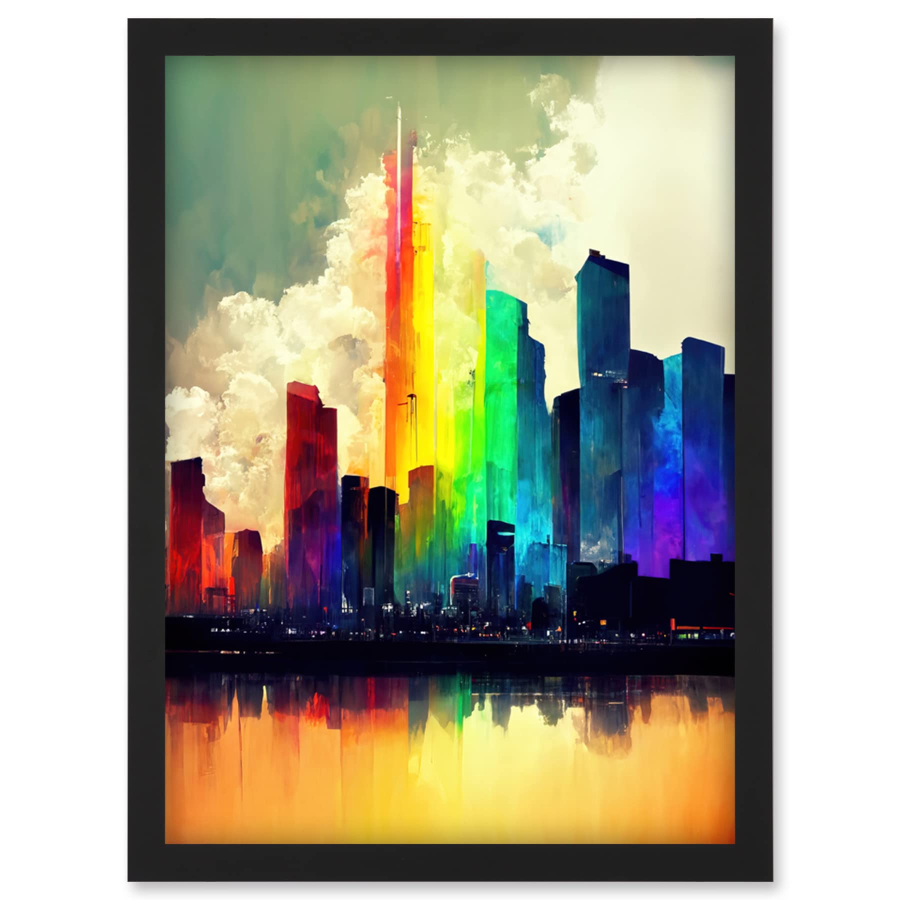 Doppelganger33 LTD Glass City Of Rainbow Reflections Cityscape Artwork Framed Wall Art Print A4