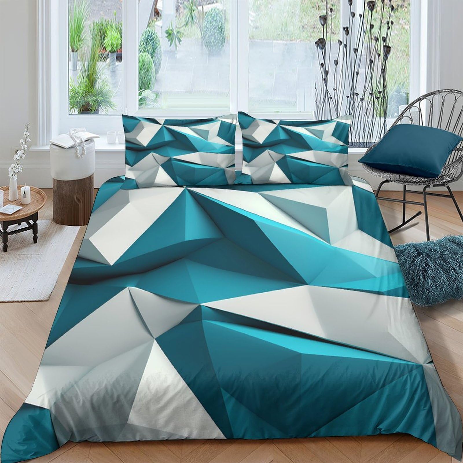Ctjqhvkz Style-1 3D Printed Teal Geometric Fitted Sheet Microfiber Soft Modern Abstract Bed Cover For Bedroom Guest Room Decor Single（135X200cm）