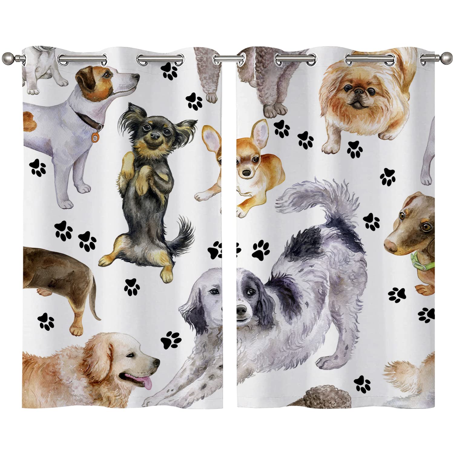 ENEVOTX Cute Animal Dog Puppy Paw Print Kitchen Curtains Window Curtain Tiers for Café, Bath, Laundry, Living Room Bedroom 26 X 39 Inch 2 Pieces