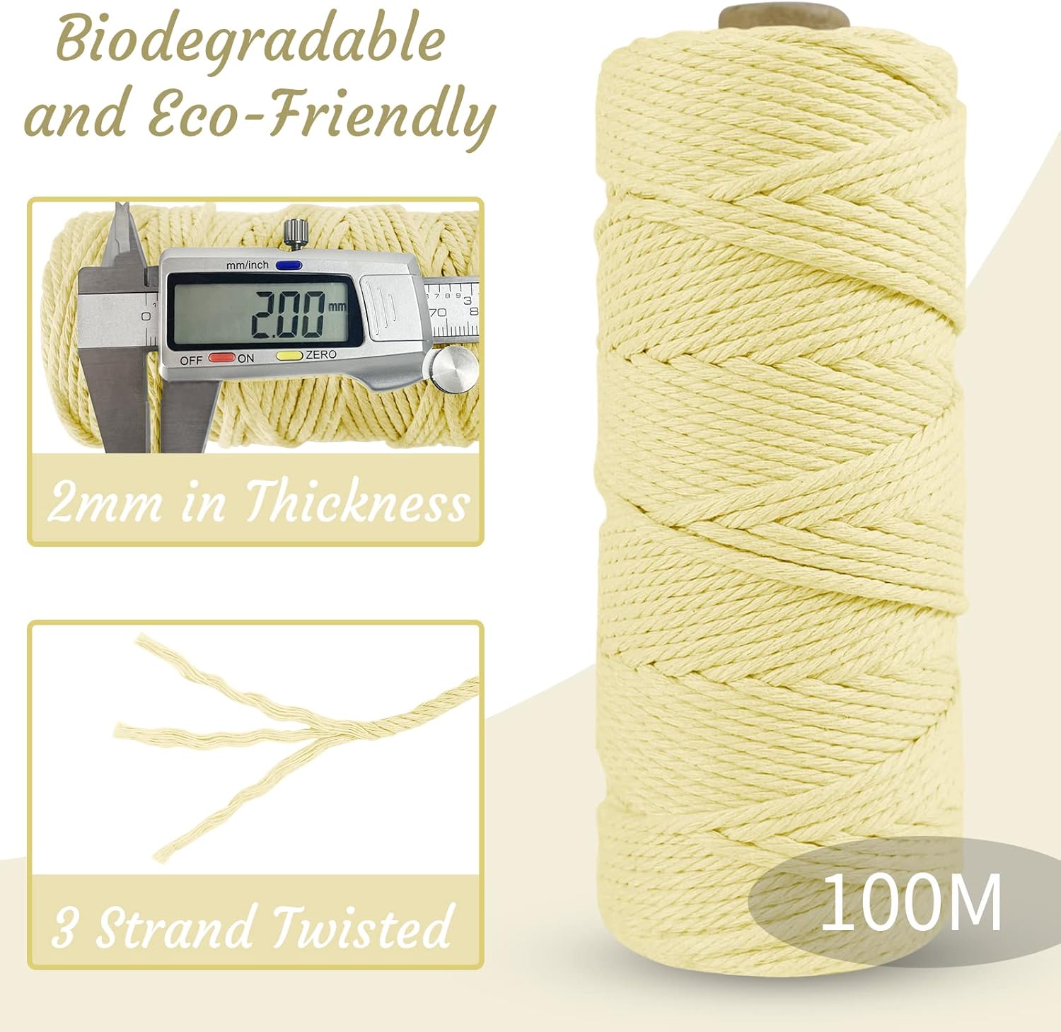 LEREATI Macrame Cord 2mm x 100m, Thick Macrame Rope Natural Cotton Rope Craft String - Image 4