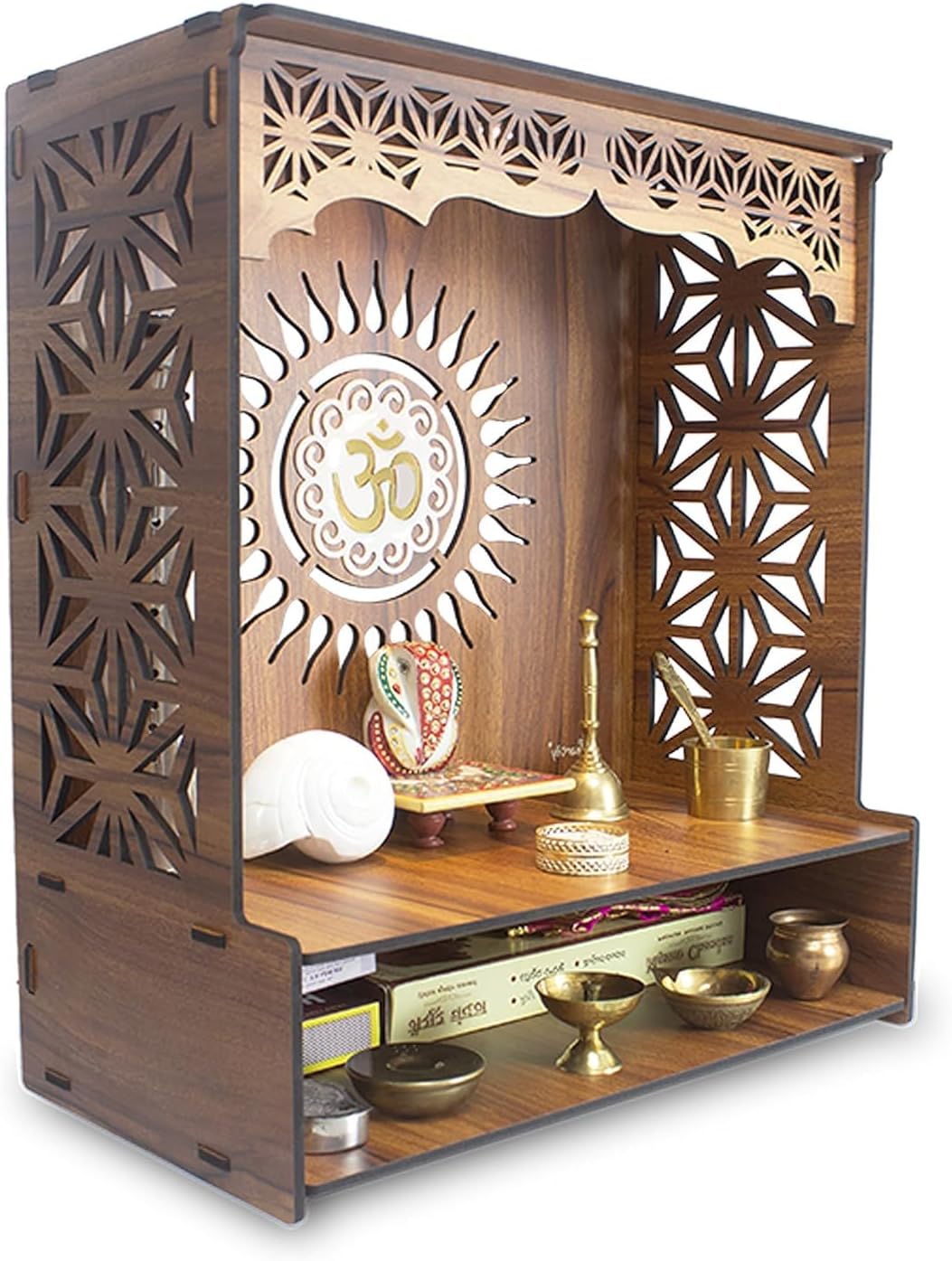 Indian Wooden Pooja Stand for Mandir for Home Temple for Home and Office Puja Mandir for and Office Wall with LED Spot Light Product (H- 18, L- 16, W-8.75 Inch)