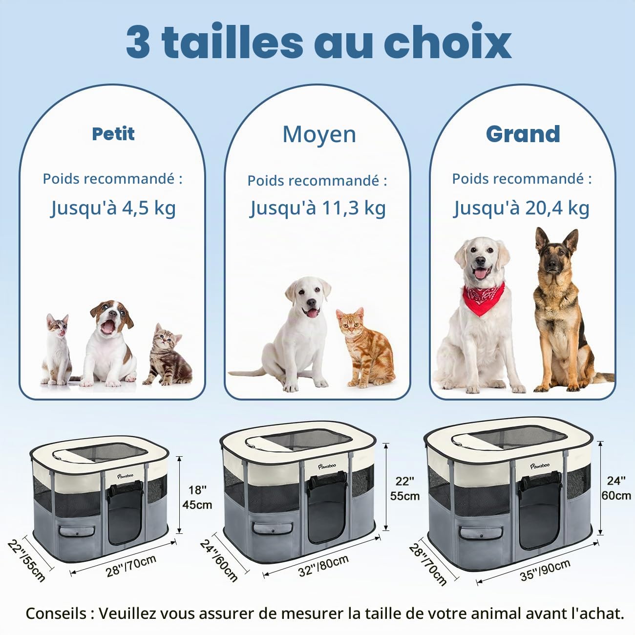Pawaboo Parc Portable pour Chien en Tissu Oxford 600D, Gris | Parc pliable avec fenêtres en maille, portes enroulables, sac de transport et gamelle pliable, 89 × 71 × 61 cm(L)
