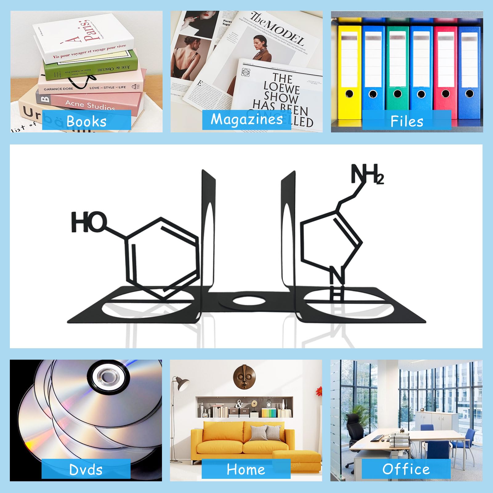 Chemie-Metall-Buchstützen, Serotonin-Buchstützen, Serotonin-Metalldekoration, wissenschaftliche Thema-Buchstützen, Buch-Organizer für Schreibtisch, Heimbüro, Buchhalter, Chemie-Geschenke