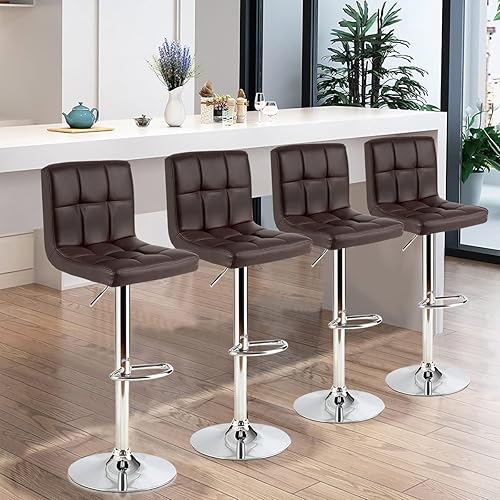 Miniatura 29 de WATERJOY Taburetes de bar giratorios, moderno cuadrado de piel sintética ajustable altura giratoria silla de bar con respaldo Blanco,Negro
