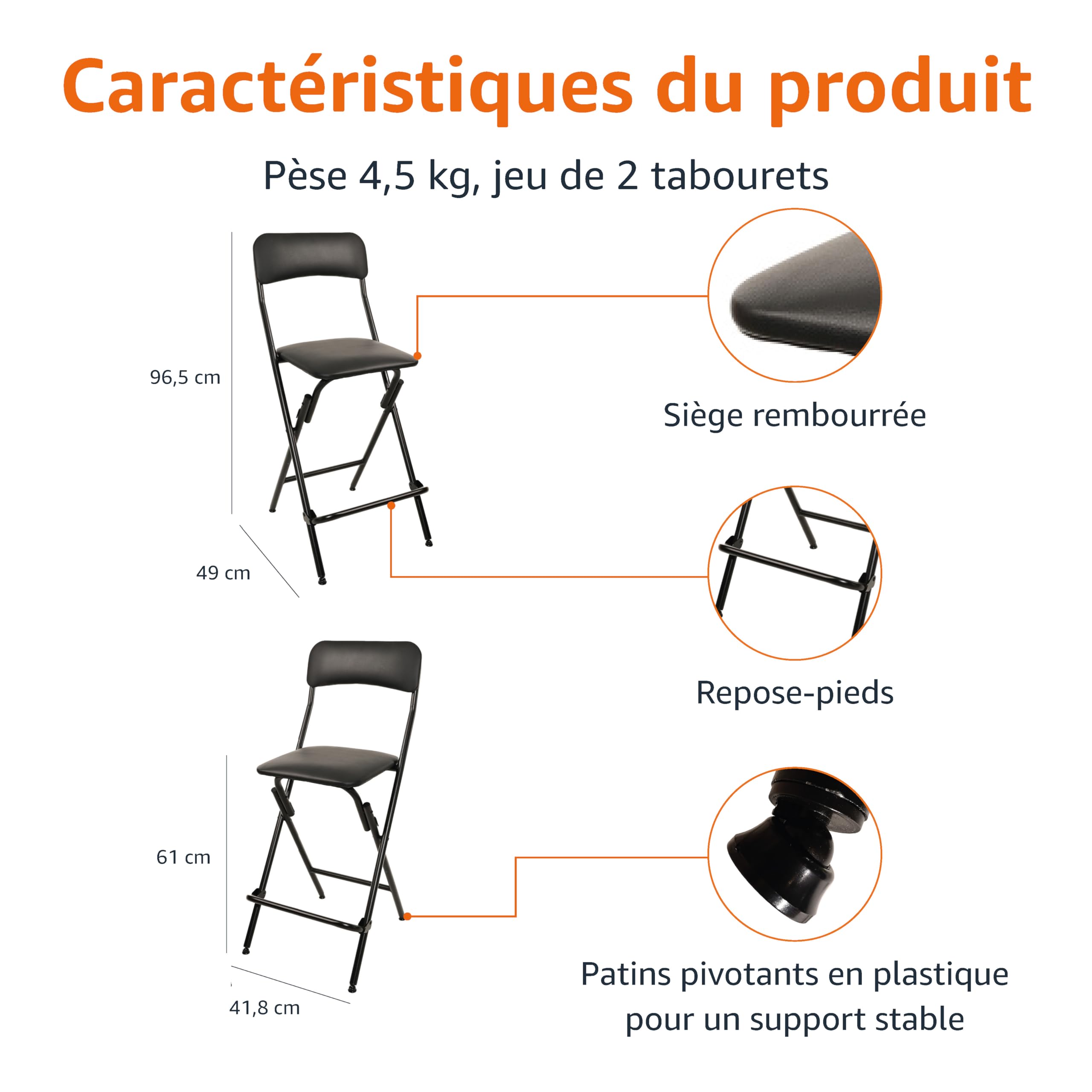 Amazon Basics Lot de 2 tabourets pliables avec repose-pieds, capacité 136,1 kg, 61 cm de hauteur, noir