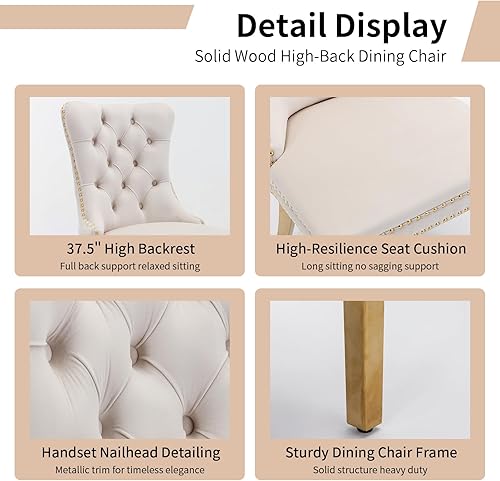 Miniatura 5 de Juego de 2 sillas de comedor tapizadas de lujo, sillas de cocina beige con patas de metal dorado, silla de comedor con respaldo copetudo de