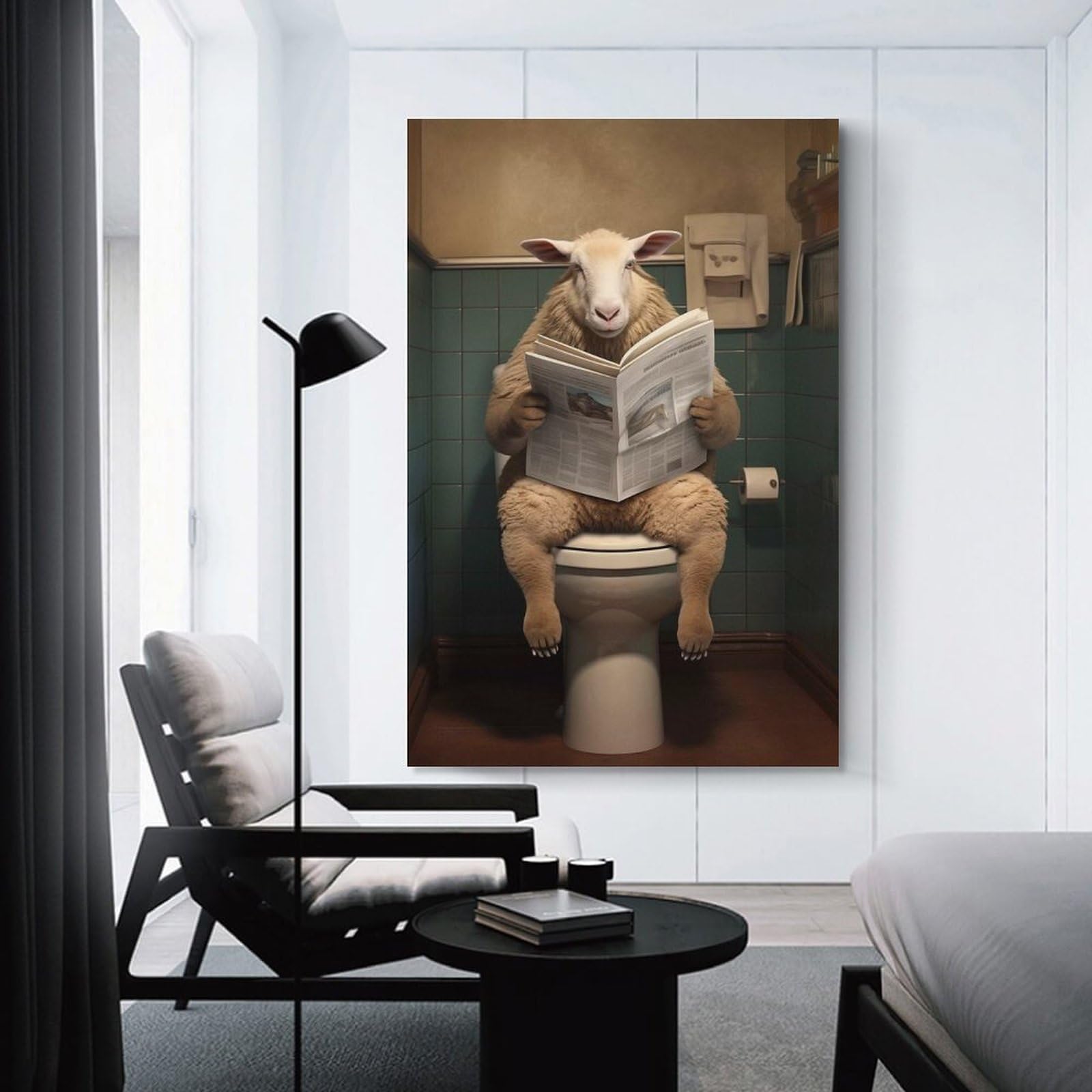 Junmoney Sheep on Toilet Newspaper Hanging Wall Art, 20x30inch(50x75cm), for Living Room, Bedroom, Office Or Hallway, Decorative Artwork with Broad Appeal