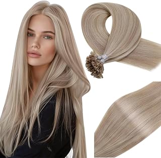Vivien Utip Hair Extensions Real Human Hair Blonde Pre Bonded U Tip Human Hair Extensions Highlight Ash Blonde with Bleach Blonde Nail Tip Hair Extensions 22 Inch Straight Skily for Women 50G/50S