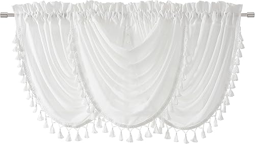 Miniatura 2 de Vision Home Cortina de cascada semitransparente blanca con bordes decorativos de borlas, cortina sólida para cocina, cafetería, para sala de estar,