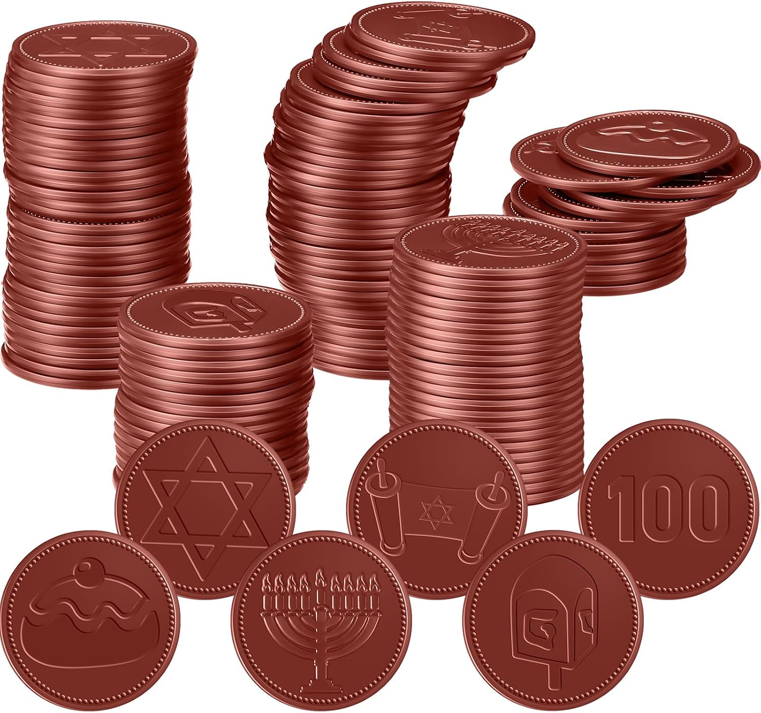 300 Pieces Plastic Hanukkah Gelt Coins Bulk Dreidel Menorah Star of Davids Design Coins for Hanukkah Party Favors Decorations, 6 Styles for Treasure Hunt Game(Gold)