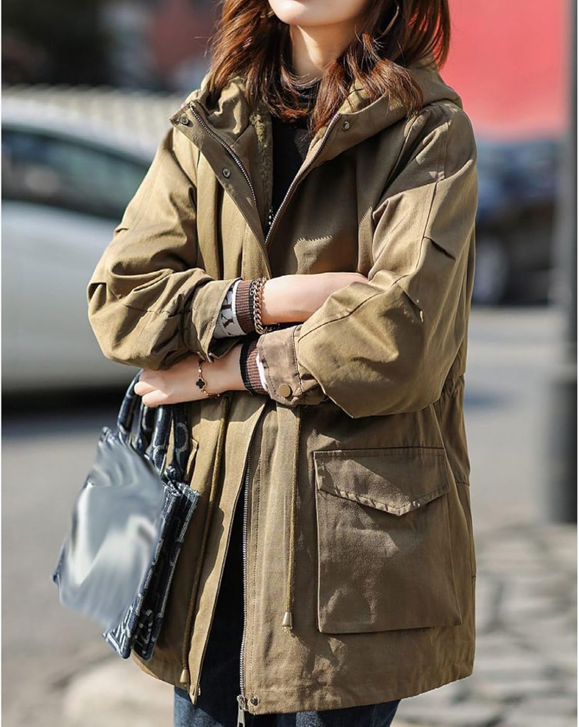 [Taopagii] モッズコート 裏起毛 レディース ミリタリー アウター S-3XL ミドル丈 カジュアル 裏ボア フード付 冬