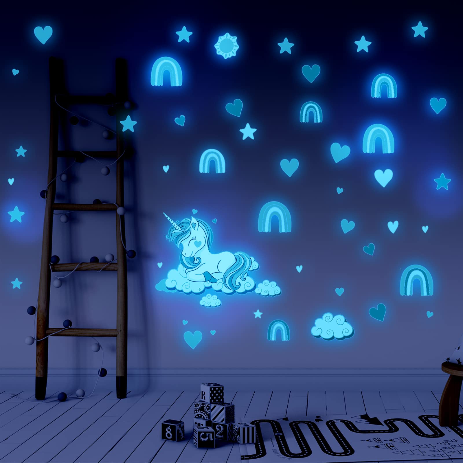 Wandtattoo Kinderzimmer Einhorn Regenbogen Herz Leuchtsterne Kinderzimmer Wandsticker Wandsticker Kinderzimmer Glow in the Dark Wandtattoo Kinderzimmer Mädchen Junge für Wanddeko Geschenke 3 Stück