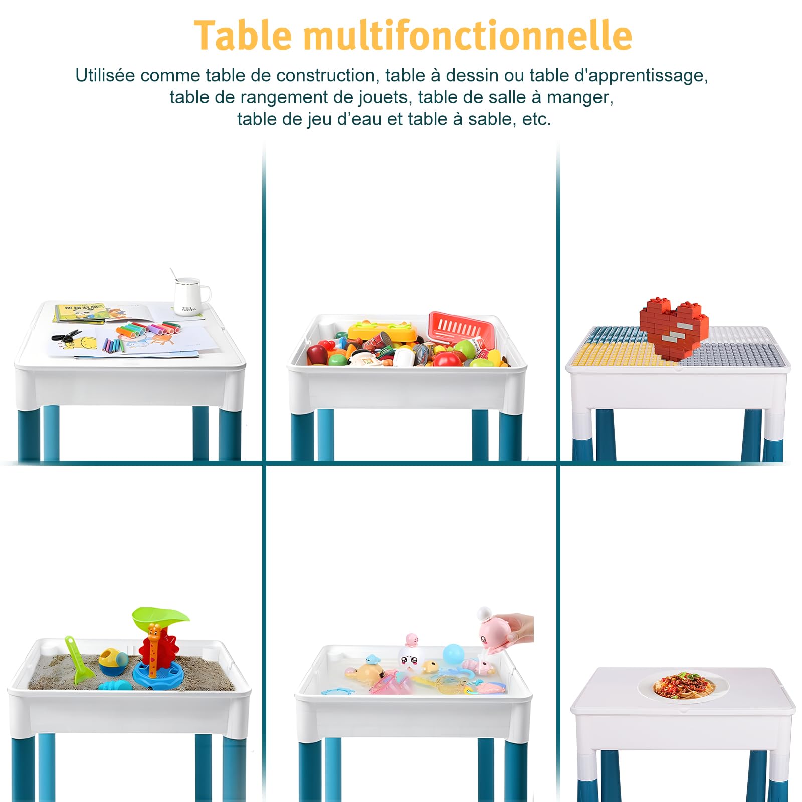 Table de Construction Multifonctionnel pour Enfant avec Chaise pour Bébé, Hauteur Réglable, Plateau Double Face, Table de Jeu et d'Études (avec 300 Blocs de Construction)