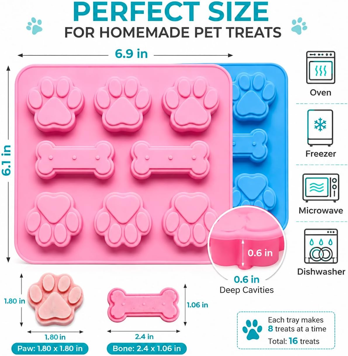 2 Pcs Dog Treat Molds Silicone with Puppy Dog Paw and Bone Shaped 2 in 1，Easy Release – Non-Stick Molds for Homemade Dog Treats, Pudding, Peanut Butter & Baking Biscuits image 2