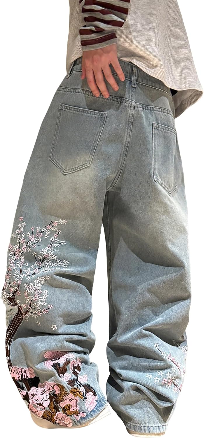 Men's Y2K Embroidered Baggy Jeans Hip Hop Wide Leg Denim Pants Streetwear Casual Loose Jeans for Men