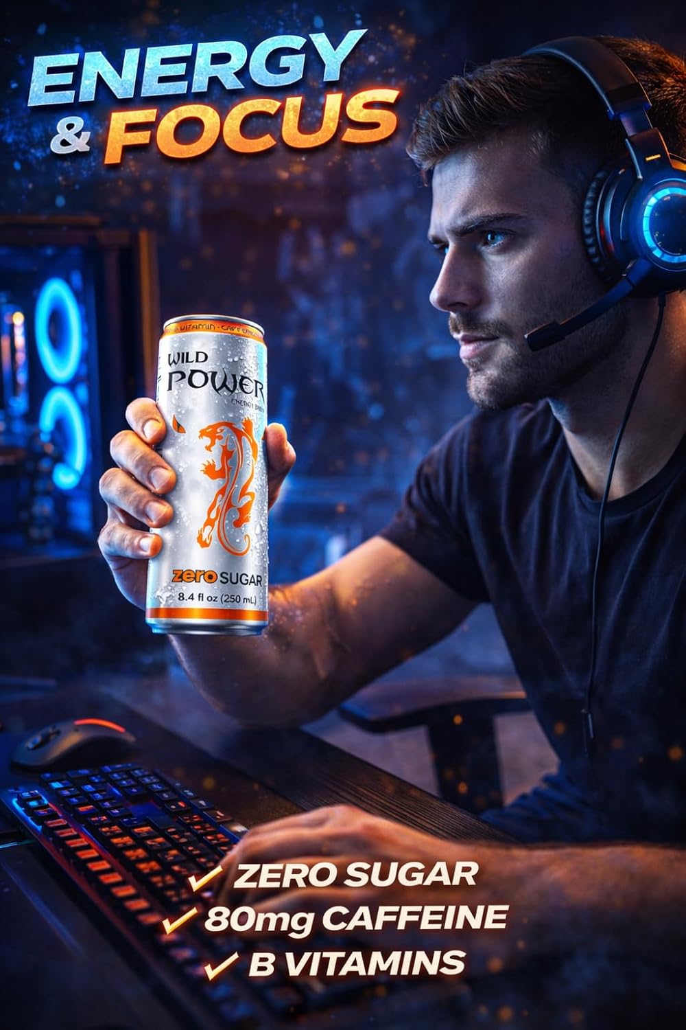 Wild Power Energy Drink, Zero Sugar, 8.4 fl oz (250 mL) Slim Cans, 24 Pack